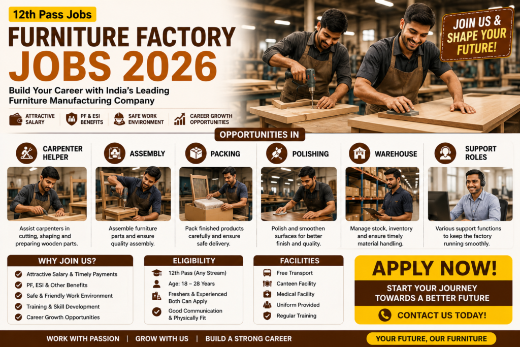 Furniture Factory Jobs 2026 – Carpenter Helper, Assembly, Packing, Polishing, Warehouse & Support Roles