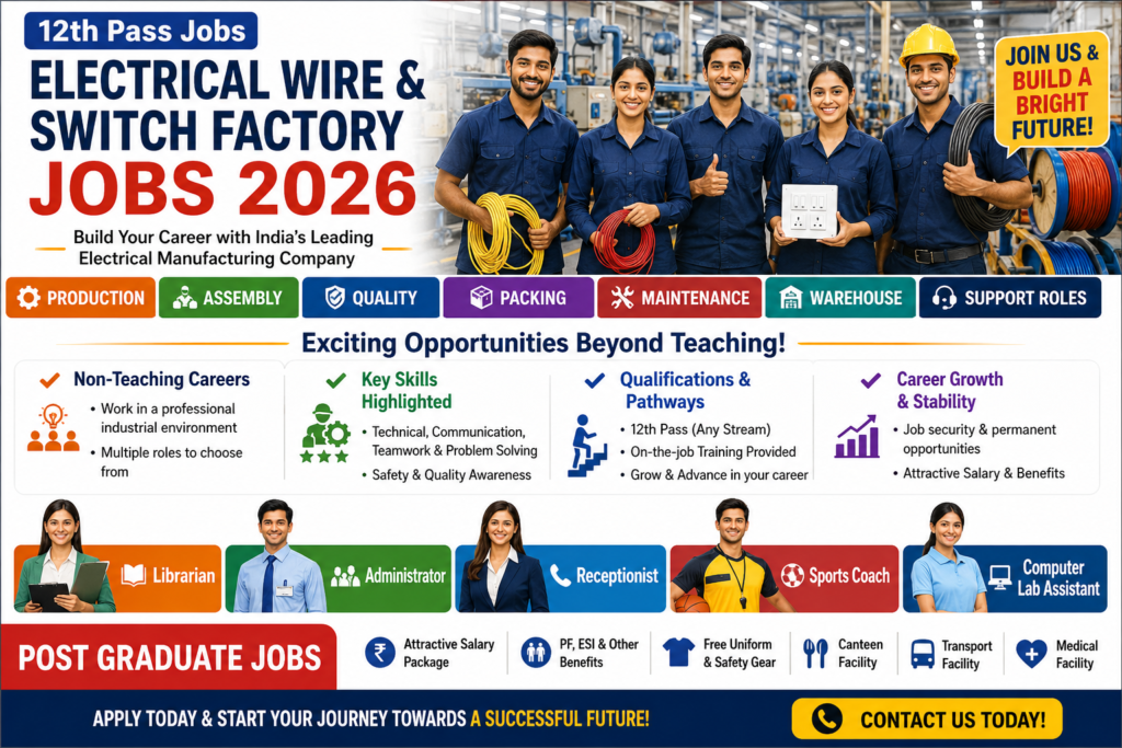 Electrical Wire & Switch Factory Jobs 2026 – Production, Assembly, Quality, Packing, Maintenance & Warehouse Roles