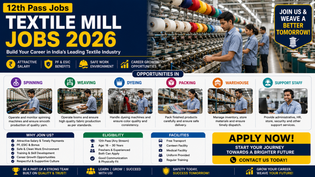 Textile Mill Jobs 2026 – Spinning, Weaving, Dyeing, Packing, Warehouse & Support Staff Opportunities